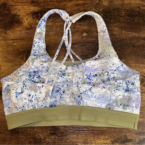 Korsa Road Runner Sports Bra Womens Medium Lilac Print Hypnotic Strappy Athletic - Picture 3 of 8